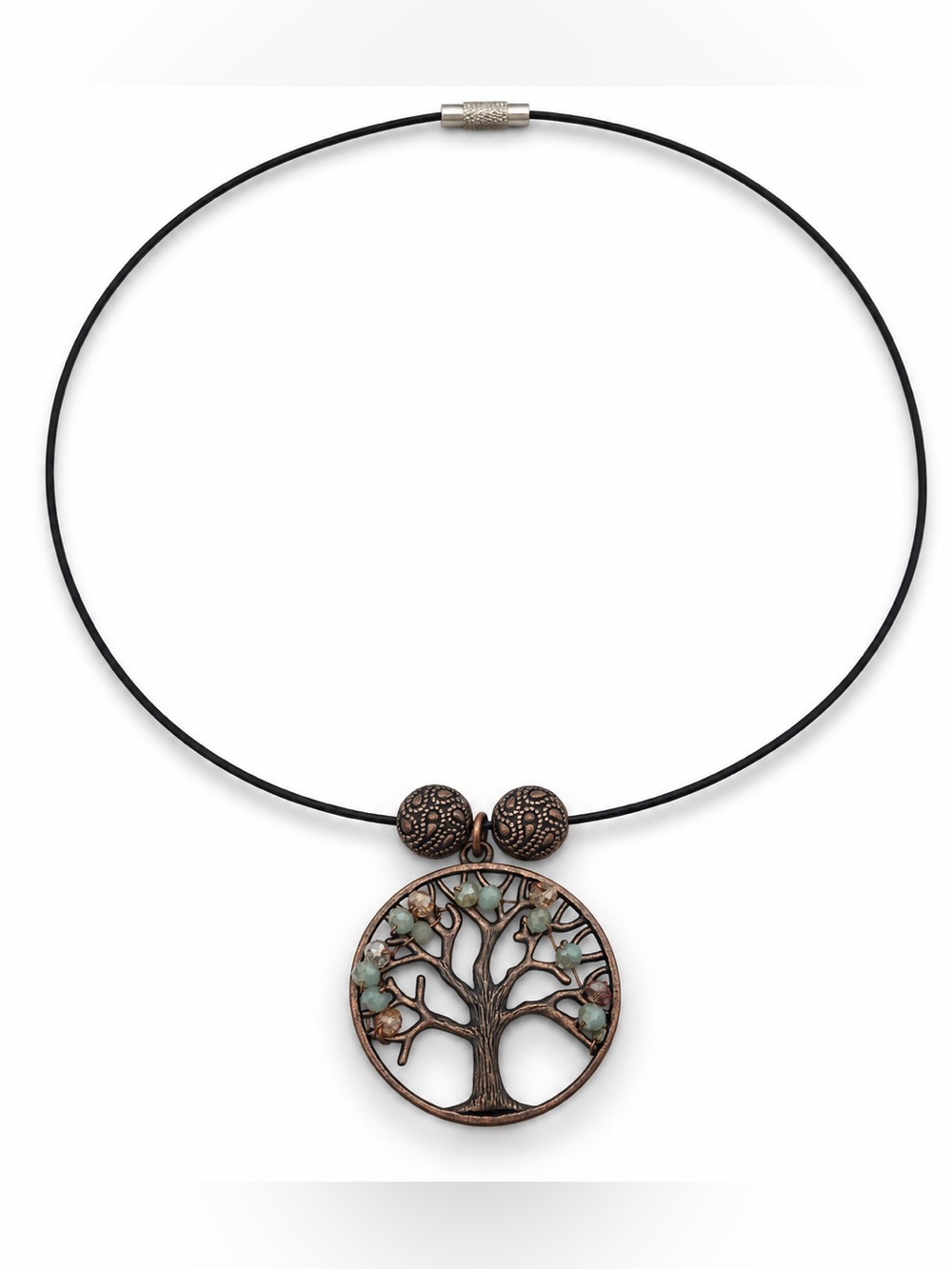 Tree of Life Pendant Necklace in Antique Copper with Green Beads